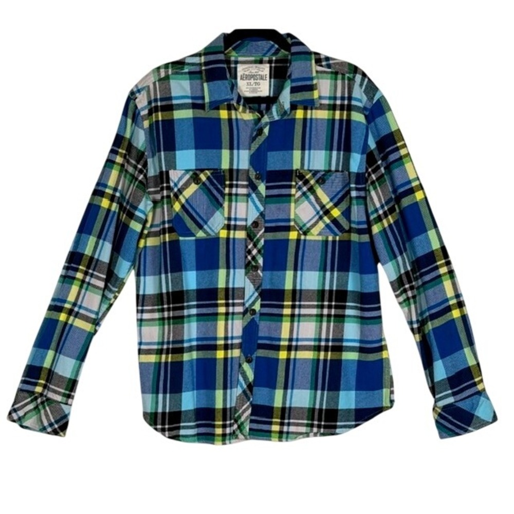 Aeropostale Mens XL Blue Green Yellow Plaid Flannel Button Down Shirt Cotton